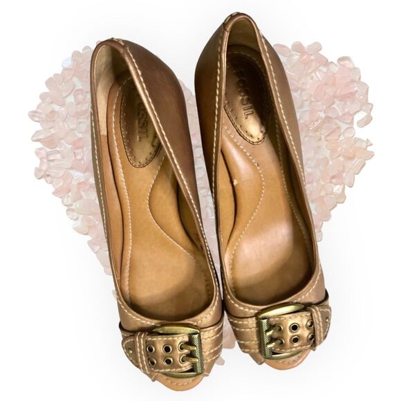 FOSSIL Gold Leather Block Heels, Peep toe with buckle, Women's Size 8 1/2 - Picture 13 of 13
